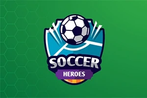 Kalkan şeklindeki mavi bir armanın üzerinde futbol topu ve altında Soccer Heroes yazısı bulunuyor, arka plan ise yeşil