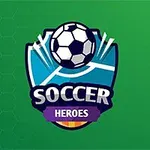 Kalkan şeklindeki mavi bir armanın üzerinde futbol topu ve altında Soccer Heroes yazısı bulunuyor, arka plan ise yeşil
