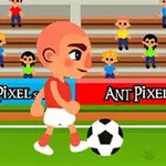 Çizgi tarzında bir futbolcu top sürerken, arka planda tribünlerde seyirciler oturuyor