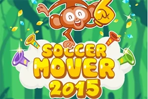 Maymun figürü ve renkli trompetlerle çevrili Soccer Mover 2015 yazısı