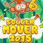 Maymun figürü ve renkli trompetlerle çevrili Soccer Mover 2015 yazısı