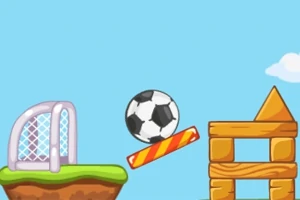 Yeşil bir platform üzerinde kale, futbol topu, eğimli bir çizgi ve tahta bloklar bulunuyor