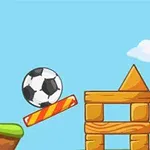 Yeşil bir platform üzerinde kale, futbol topu, eğimli bir çizgi ve tahta bloklar bulunuyor