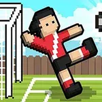 Piksel tarzında bir futbol sahasında, kırmızı formalar giyen bir oyuncu, topa vole vuruşu yapıyor