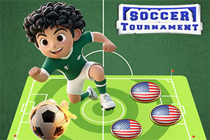 Yeşil formasıyla futbol topuna vurmak üzere olan çizgi film karakteri ve Amerikan bayraklı üç düğme, Soccer Tournament yazısının yanında