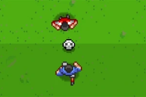 Yeşil çim sahada, ortada futbol topu olan iki piksel karakter, biri kırmızı diğeri mavi formayla karşı karşıya