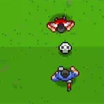 Yeşil çim sahada, ortada futbol topu olan iki piksel karakter, biri kırmızı diğeri mavi formayla karşı karşıya