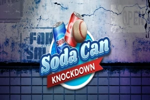 Mavi bir fon üzerinde, iki soda kutusu ve bir beyzbol topu bulunan Soda Can Knockdown yazısı