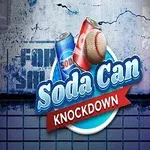 Mavi bir fon üzerinde, iki soda kutusu ve bir beyzbol topu bulunan Soda Can Knockdown yazısı