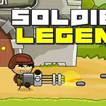 Askeri kıyafetli bir karakter, bir kale önünde büyük bir silah kullanarak ateş ediyor ve üst kısımda büyük beyaz ve sarı harflerle SOLDIER LEGEND yazısı bulunuyor