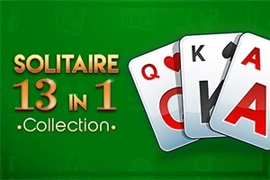 Yeşil arka plan üzerinde Solitaire 13 in 1 Collection yazısı ve yanında üç iskambil kağıdı; kız, papaz ve as