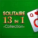 Yeşil arka plan üzerinde Solitaire 13 in 1 Collection yazısı ve yanında üç iskambil kağıdı; kız, papaz ve as