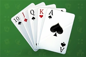 Yeşil arka plan üzerinde, bir deste poker kartı sıralı şekilde yer almakta, soldan sağa sırasıyla 10, J, Q, K, A