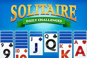 Mavi arka plan üzerinde kart desteleri ve Solitaire Daily Challenges yazısı