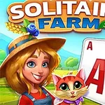 Genç bir çiftçi kadın, yanında turuncu bir kedi ve büyük bir iskambil kartı destesi, arka planda tarla ve sebzeler