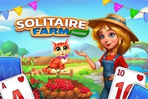 Çizgi tarzı giysili bir kadın, yanında bir kedi, önünde oyun kartları ve arka planda bir çiftlik sahnesi