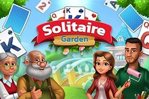 Solitaire Garden logosu ve kartlarla çevrili, dört farklı karakter içeren renkli bir bahçe sahnesi