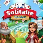 Solitaire Garden logosu ve kartlarla çevrili, dört farklı karakter içeren renkli bir bahçe sahnesi