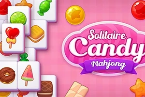 Pembe bir arka plan üzerinde, şeker temalı görseller ve Solitaire Candy Mahjong yazısı bulunan bir tasarım