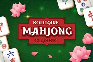 Yeşil arka plan üzerinde, pembe lotus çiçekleri ve çeşitli desenlerde taşlarla çevrili Solitaire Mahjong Classic yazısı