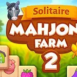 Hayvan ve meyve simgeleri içeren Mahjong Farm 2 adlı renkli bir oyun kapağı, fonda çiftlik temasıyla