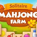 Çizgi grafiklerle çevrili, ortasında Solitaire Mahjong Farm yazılı bir tabela ve etrafında meyve, inek, domuz gibi çiftlik temalı simgeler
