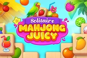 Tropikal meyveler ve bir papağanın bulunduğu renkli arka plan üzerinde Mahjong Juicy yazısı