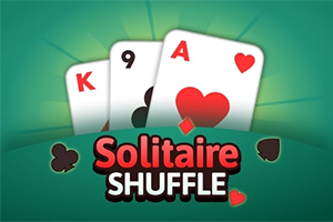 Yeşil bir arka planda kağıt destesi önünde Solitaire Shuffle yazısı ve iki kupa bir maça kartı