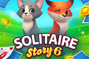 Sevimli bir kedi ve tilki, yeşil bir arka plan üzerinde yan yana duruyor; ekranın ortasında büyük harflerle Solitaire Story 6 yazısı bulunuyor