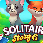 Sevimli bir kedi ve tilki, yeşil bir arka plan üzerinde yan yana duruyor; ekranın ortasında büyük harflerle Solitaire Story 6 yazısı bulunuyor