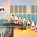 Göl manzarası önünde sıralanmış iskambil kartları ve solda bir iskambil kağıdı sembolü ile Solitaire Zen Earth Edition yazısı