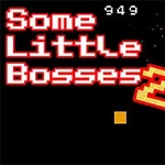 Kırmızı ve beyaz pikselli yazıyla Some Little Bosses 2 yazısı, siyah arka plan ve dağılan renkli pikseller