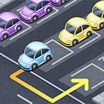 Renkli arabaların otoparkta sıralandığı ve bir mavi arabanın sarı bir okla yönlendirildiği grafikli görsel