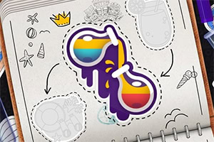 Renkli güneş gözlüğü çıkartması ve arka planda defter sayfasındaki çeşitli yaz doodleları