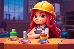 Sort Works: Nuts & Order Sarı baret takan kırmızı saçlı bir kadın, masaya yerleştirilmiş renkli halkalar ve vida benzeri objelerin yanında duruyor