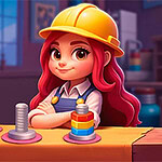 Sort Works: Nuts & Order Sarı baret takan kırmızı saçlı bir kadın, masaya yerleştirilmiş renkli halkalar ve vida benzeri objelerin yanında duruyor