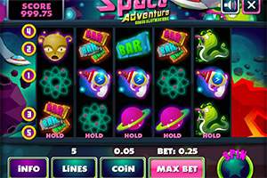 Uzay temalı renkli slot makinesi, uzaylılar, roketler ve atom sembolleri ile dolu