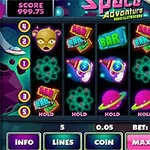 Uzay temalı renkli slot makinesi, uzaylılar, roketler ve atom sembolleri ile dolu