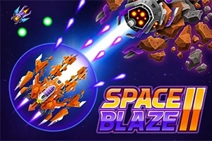 Turuncu uzay gemisi, mavi kalkanla asteroitlerin ve düşman cihazlarının arasından geçiyor; altta Space Blaze II yazısı bulunuyor