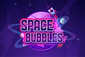 Uzay temalı bir arka planda büyük bir mor gezegen, etrafında halkalar ve bir roketin yer aldığı, ortasında Space Bubbles yazılı renkli bir görsel