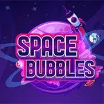 Uzay temalı bir arka planda büyük bir mor gezegen, etrafında halkalar ve bir roketin yer aldığı, ortasında Space Bubbles yazılı renkli bir görsel