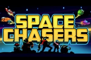 Siluetleriyle çeşitli karakterler ve arkalarında yıldızlarla dolu bir uzay fonu önünde Space Chasers yazısı