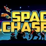 Siluetleriyle çeşitli karakterler ve arkalarında yıldızlarla dolu bir uzay fonu önünde Space Chasers yazısı