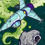 Uzayda bir astronot kaskı takan kişi, bir uzay gemisi ve bir asteroit ile çevrili