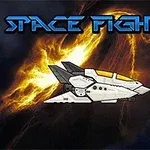 Uzay temalı arka plan önünde Space Fighter yazısı ve beyaz bir uzay gemisi