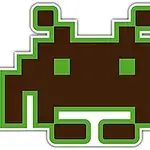 Kahverengi piksel formundaki uzaylı şeklinde retro bir grafik, yeşil detaylara sahip