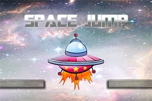 Uzay arka planında, ortasında ateş püskürten renkli bir uçan daire ve üstte Space Jump yazısı