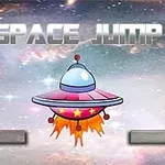 Uzay arka planında, ortasında ateş püskürten renkli bir uçan daire ve üstte Space Jump yazısı