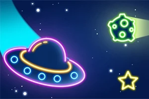 Neon renklerle çizilmiş uzay aracı, yıldızlar ve bir asteroid bulunan renkli bir uzay sahnesi