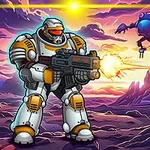Uzay zemininde, devasa zırhlı bir asker, büyük bir silah tutarak nişan alırken, arka planda pembe ve turuncu tonlarda bir gün batımı ve uçan robotlar görülüyor